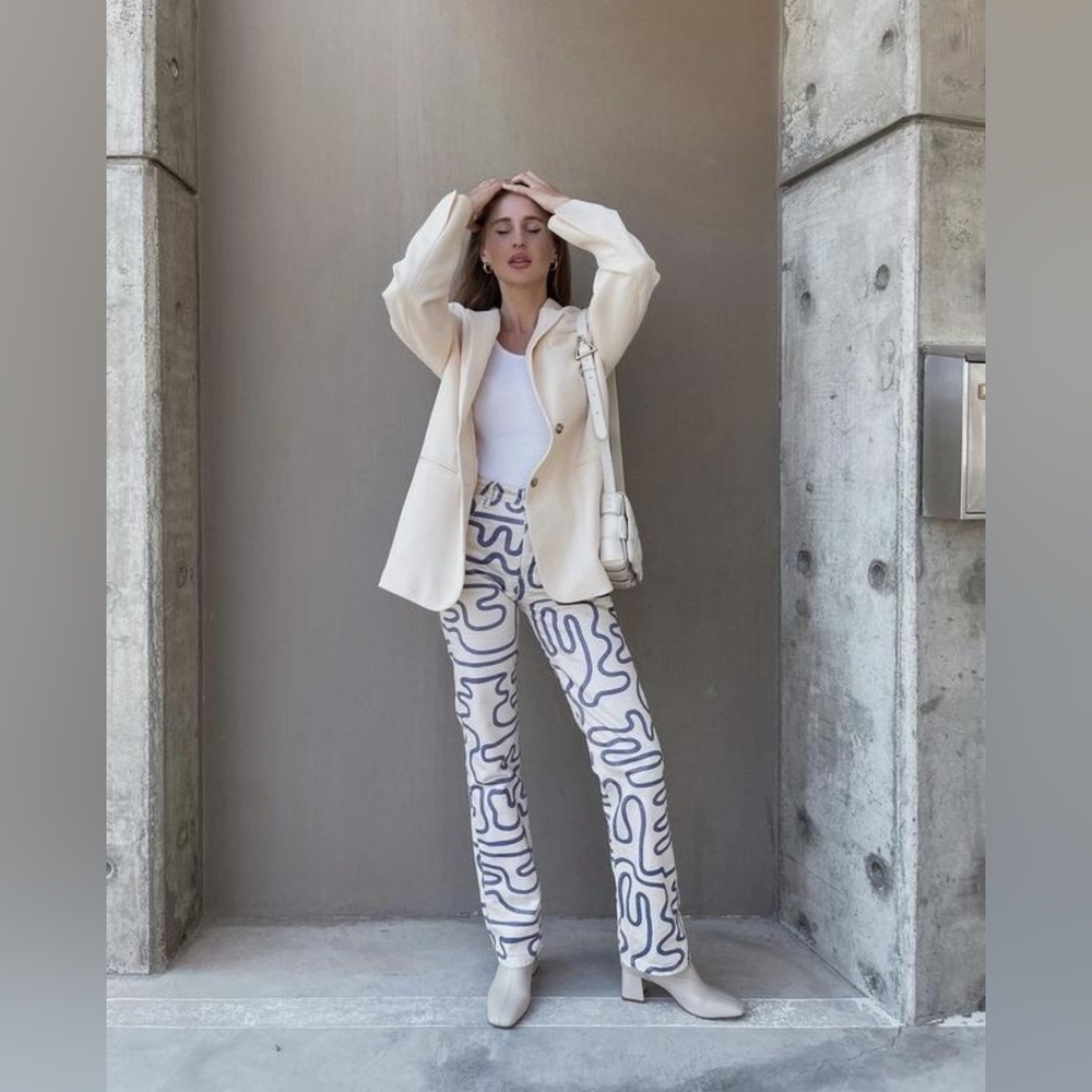 ZARA Cream and Blue Abstract Straight Leg Pants NWT EU36